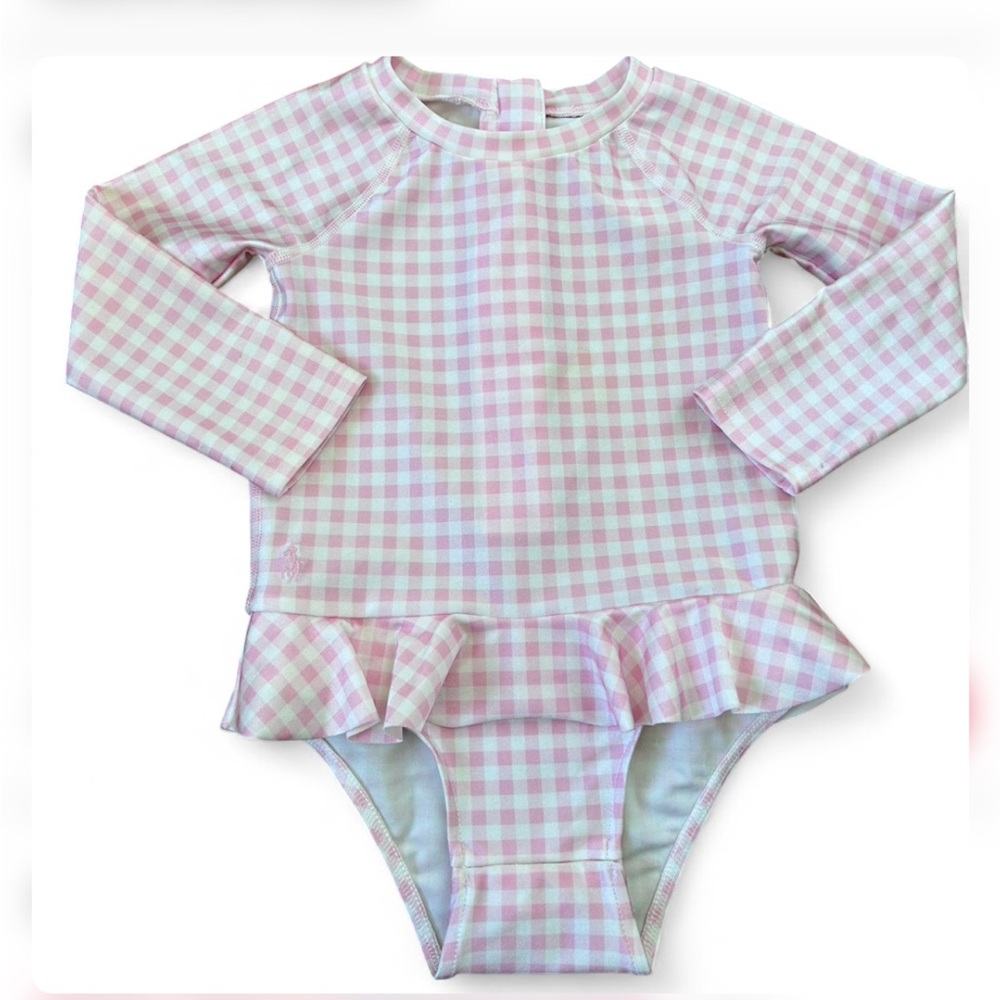 Ralph Lauren pink gingham checkered swimsuit rashguard one piece swim l #preppy